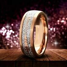 A Fashionable And Luxurious Stainless Steel Wedding Ring With His And Her Imitation Meteorite And Deer Antler Rose Golden Wedding Set, Rose Gold Wedding Ring Anniversary Commemorative Wedding Ring