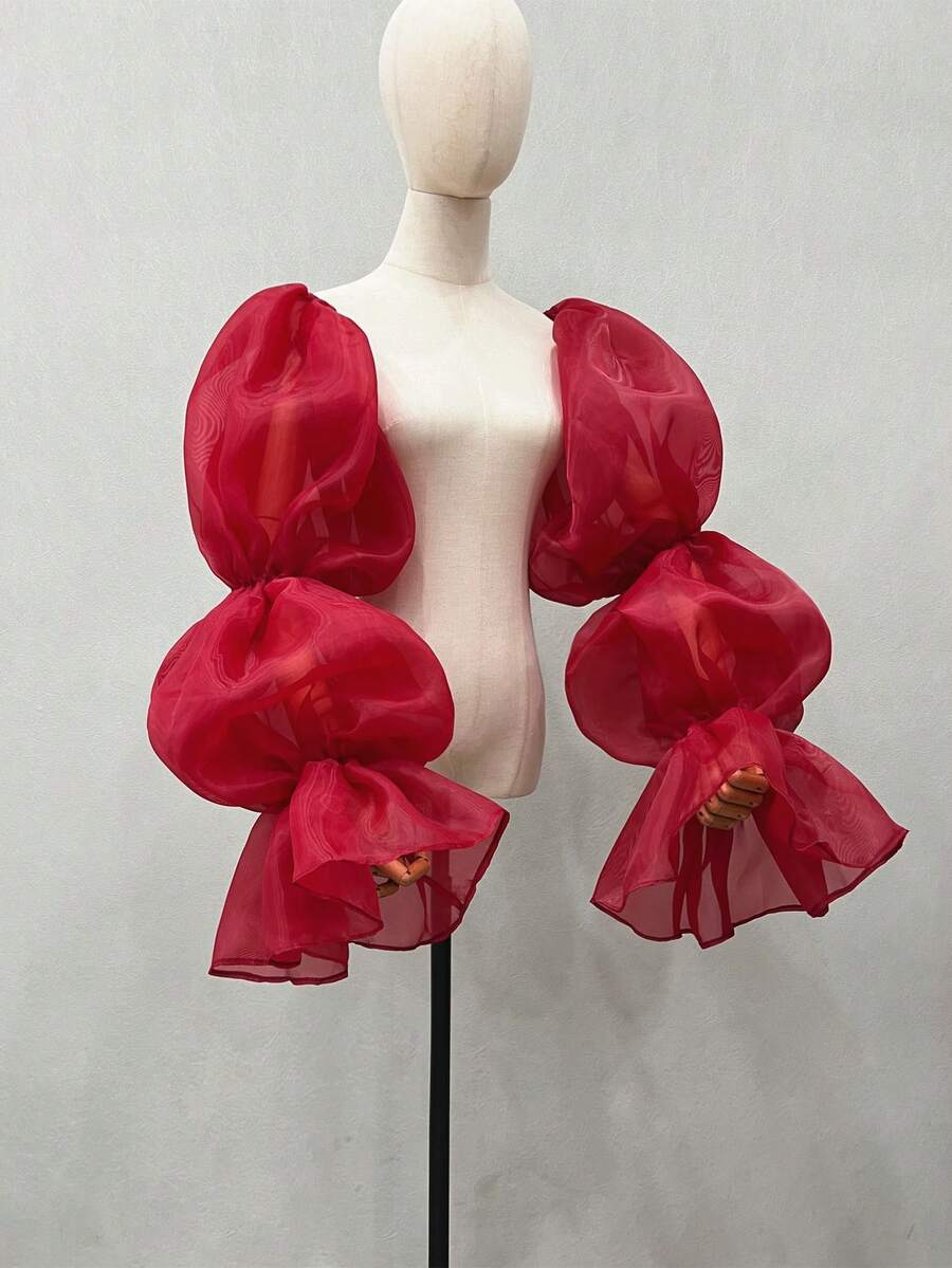 1pc White Organza 3-Tier Puff Sleeve Cuffs, Exaggerated Elastic Bridal Long Sleeve Covers - Multicolor - View 1