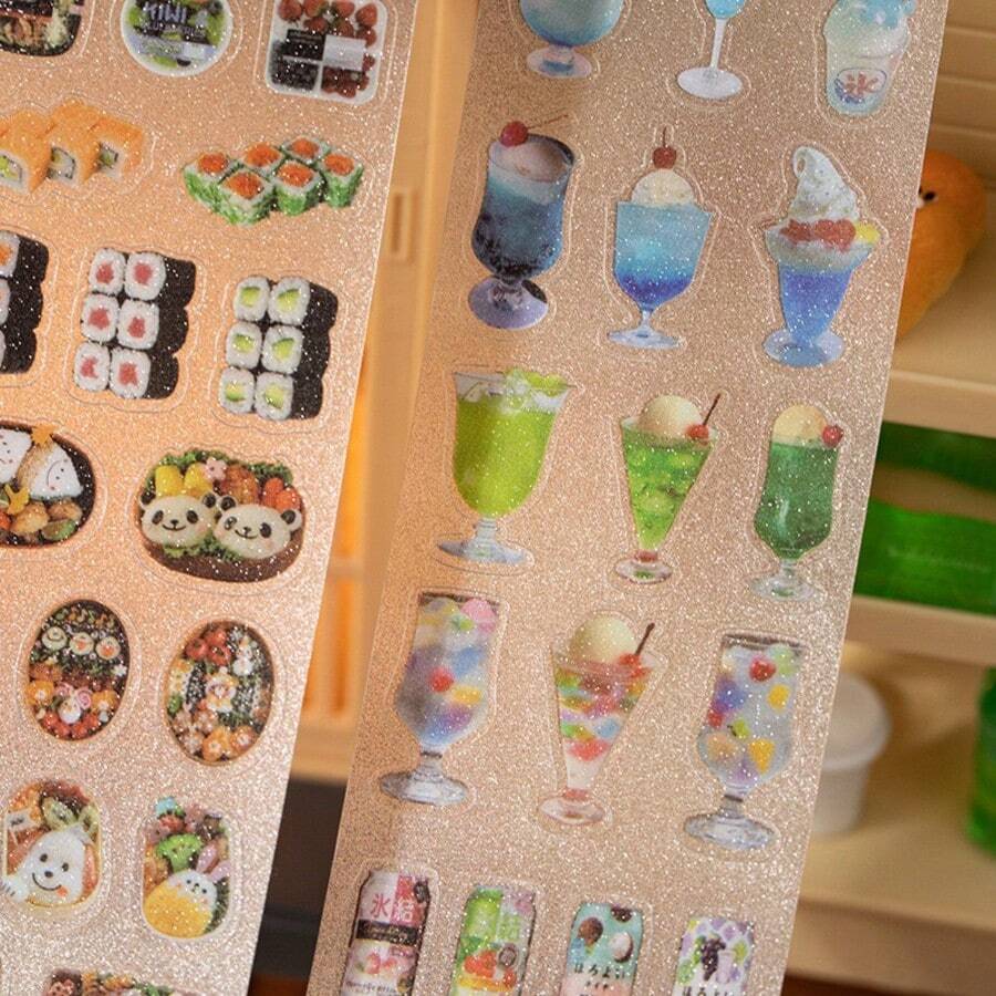 1入復古食物風手帳貼紙,PET材質,適用手機貼紙、手帳、Guka拼貼、學校用品 - 彩色 - 查看 1