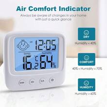 Termómetro digital LCD grande y higrómetro con reloj - Monitor de temperatura y humedad preciso para cocina, dormitorio, oficina - Funciona con batería AAA, higrómetro para decoración del hogar, reloj digital, despertador