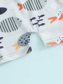 Trajes de baño para bebés de 0 a 5 años con protección contra erupciones y gorro de baño, estampado de peces de dibujos animados, de manga corta y con cremallera, ropa de playa - Gris Claro - Ver 7
