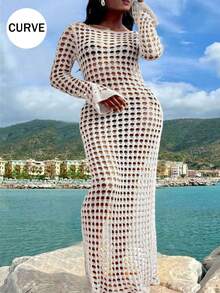 大码性感镂空长袖超长款度假罩衫连衣裙，夏季休闲沙滩白色 - 白色 - 查看 1