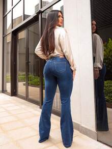 Women's Flare Jeans High Waist With Spandex Hot Pants Medium Wash - Màu xanh lam - Xem 5