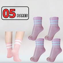 Women's Cotton Socks 05 Pairs With Stripes Mid-Calf - 淺粉色 - 查看 1