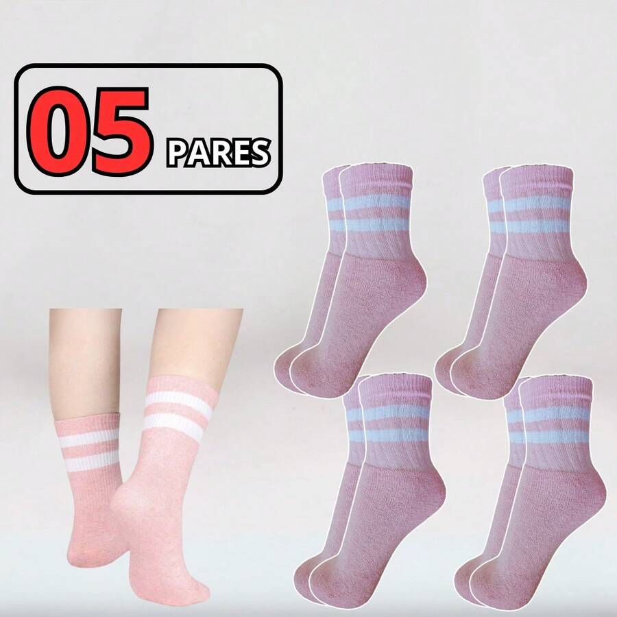 Women's Cotton Socks 05 Pairs With Stripes Mid-Calf - 淺粉色 - 查看 1