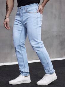 ESDVQ Men's Embroidered Front And Back Pocket Stretch Thick Denim Jeans - Light Wash - View 3