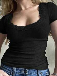 大码女式 Y2K 蕾丝方领短袖性感上衣 - 黑色 - 查看 3