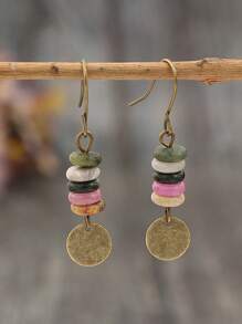 1 Pair New Vintage Style Handmade Beaded Round Tin Plate Earrings, Creative Women Small Stone Beaded Retro Earrings, Bracelet, Necklace