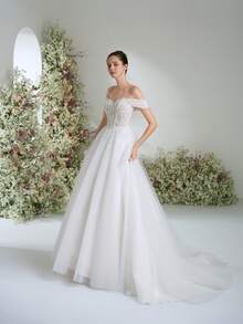 优雅奢华的露肩花卉蕾丝长裙，大码A字蓬蓬裙婚纱，适合花园婚礼、派对、度假、正式晚宴、新娘礼服、情人节等场合。 - 白色 - 查看 8