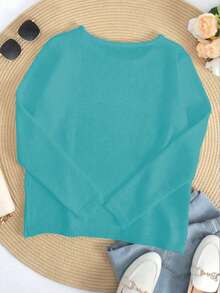 Crew Neck Long Sleeve Side Slit Letter Knit Sweater, Casual For Everyday Wear - Baby Blue - View 3