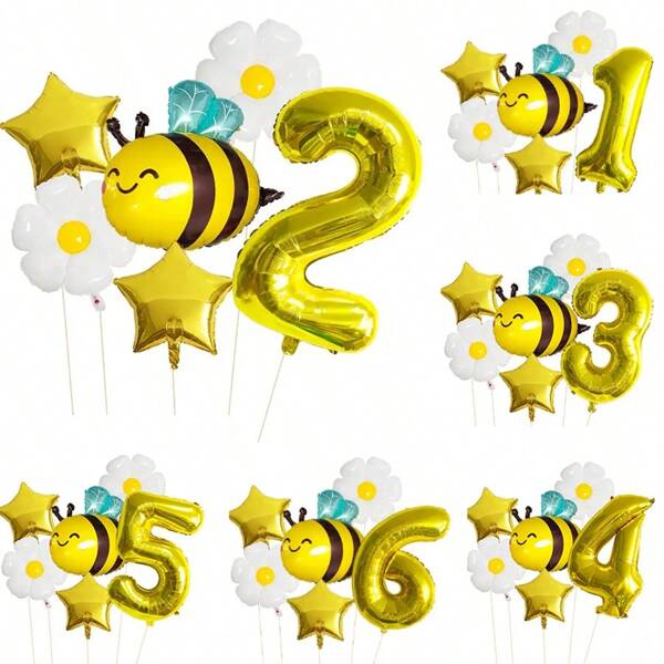 Set de 7 globos con diseño de abeja y margarita, incluye números de oro de 32" 1, 3, 4, 5, 6, 2 decoraciones de estrella dorada, tema hawaiano, mylar de hoja, girasol blanco, para cumpleaños, compromiso, reunión, bautizo, celebración estacional, decoración interior y exterior