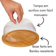 Porta Queijo Queijeira Bambu Com Tampa Em Acrílico Mesa Posta 19cmx9cm