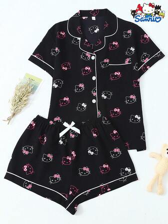  2pcs/Set Authorized Satin Sanrio Hello Kitty Collared Short Sleeve Button Pocket Top And Bow Shorts Pajama Set For Women, Spring/Summer, Perfect For Loungewear
