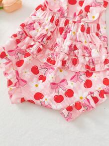 Cute Baby Girl Cherry Print Ruffled Edge Romper, Adorable Pink,Perfect Gift For Baby