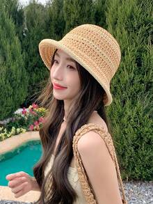 1pc Women Hollow Out Woven Fisherman Hat, Breathable Summer Straw Bucket Hat, Casual Lightweight Sun Hat, Suitable For Spring Summer Daily Wear, Outdoor Activities, Beach, Vacation, Foldable Wide Brim Boho Style - MZ2665 - View 9