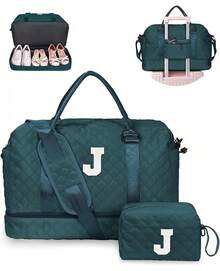 Weekender Bags For Women Travel, Personalized Weekender Bag With Shoulder Strap, Monogram Overnight Bag For Women With Trolley Sleeve & Wet Pocket, Letter Travel Bag (Letter J) - 孔雀藍 - 查看 1