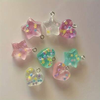 8 件树脂吊坠，透明，带闪光和星星，混合星星和心形吊坠，适合 DIY 珠宝制作、耳环、钥匙扣、挂饰、饰品