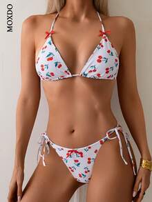 Women's Vacation Style Fresh Cherry Print Neck Strap Triangle Cup Fashion Casual Beach Bikini Swimsuit Set - 白色 - 查看 3