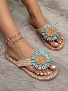 女士时尚蓝色花朵编织凉鞋，休闲平底草编夏季沙滩拖鞋 - 淺藍色 - 查看 3