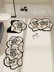 1pc Rose Pattern Diatomite Bathroom Mat, 0.3CM Diatomite Material, Decorative, Bathroom Mat, Toilet Mat, Q-Soft Cushion, Quick Absorbency, Anti-Bacterial, Easy Cleaning, Reusable, Wear-Resistant, Convenient Storage, Safe &