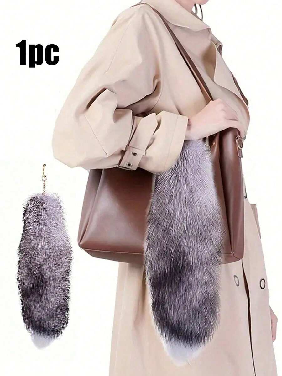 1pc Faux Fur Fox Tail Keychain, Bag Charm - Grey - View 1