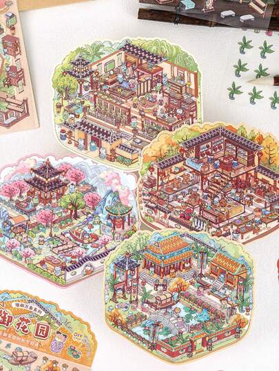 12pcs/6pcs/3pcs/ Package Puzzle Handmade Landscape Stickers 3D Three-Dimensional Decompression DIY Landscape Stickers,School Supplies,Back To School