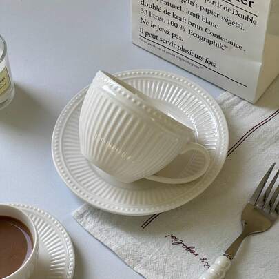 1 Set Retro Style Ceramic Coffee Cup & Saucer, Suitable For Latte, Cappuccino, Breakfast Milk, 1 Set (Cup + Saucer)
