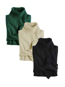 MF Kit 3 Basic Women's Knitted Blouse High Neck Cacharrel Sweater - MILITAR/CAQUI/PRETO - View 1