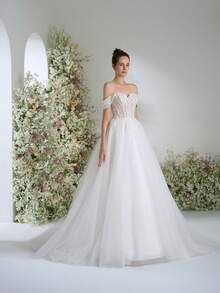 优雅奢华的露肩花卉蕾丝长裙，大码A字蓬蓬裙婚纱，适合花园婚礼、派对、度假、正式晚宴、新娘礼服、情人节等场合。 - 白色 - 查看 7