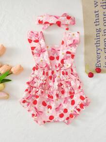 Cute Baby Girl Cherry Print Ruffled Edge Romper, Adorable Pink,Perfect Gift For Baby