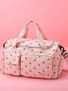 1 Peça Bolsa de Viagem em Material de Corduroy com Estampa de Morango, Grande Capacidade de Armazenamento de Roupas, com Compartimento Separado para Sapatos e Bolsa Úmida/Seca, Alça de Ombro Ajustável e Destacável, Adequada para Viagens, Natação, Esportes e Fitness, Mochila Escolar e Acessórios Escolares