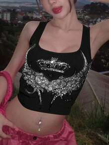 Women's Summer Rhinestone Wings & Crown Print Round Neck Casual Tank Top Black - Black - View 4
