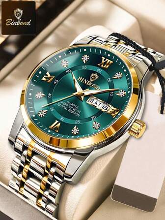  BINBOND Luxury Watch For Man Elegant Date Week Waterproof Luminous Men Watch Quartz Stainless Steel Sports Men's Watches