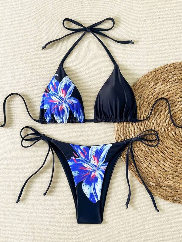Damen Bikini Set mit Blumen Muster, Crop Top mit Bindedetails und Hüft-Slip mit Seitenbindung, Sommerbadebekleidung