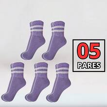 Women's Cotton Socks 05 Pairs With Stripes Mid-Calf - 紫丁香色 - 查看 4