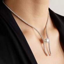 Luxury Sparkling Crystal Embellished Open Collar Pearl Necklace, Elegant & Simple Fashion Accessory - Silver - View 5