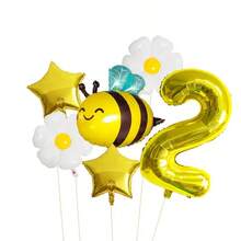 Set de 7 globos con diseño de abeja y margarita, incluye números de oro de 32" 1, 3, 4, 5, 6, 2 decoraciones de estrella dorada, tema hawaiano, mylar de hoja, girasol blanco, para cumpleaños, compromiso, reunión, bautizo, celebración estacional, decoración interior y exterior