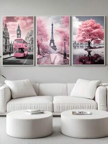 Kit 3 Pink Paris Bus Paintings Ideal For Living Room, Office, Bedroom - White - View 1