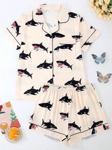 2pcs Sets Women Short Sleeve Pajamas, Shorts, Turndown Collar Button Short Sleeve, Cartoon Shark Graphics, Breathable, Comfortable Loose Fit, Suitable For All Seasons, Home Wear