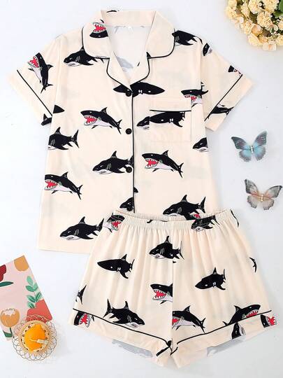 2pcs Sets Women Short Sleeve Pajamas, Shorts, Turndown Collar Button Short Sleeve, Cartoon Shark Graphics, Breathable, Comfortable Loose Fit, Suitable For All Seasons, Home Wear