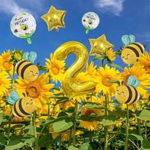 Set de 7 globos con diseño de abeja y margarita, incluye números de oro de 32" 1, 3, 4, 5, 6, 2 decoraciones de estrella dorada, tema hawaiano, mylar de hoja, girasol blanco, para cumpleaños, compromiso, reunión, bautizo, celebración estacional, decoración interior y exterior