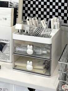 1pc White Rabbit Shaped Storage Box, Makeup Organizer, Stationery Holder, Desk Drawer Organizer For Home, Office, Dorm