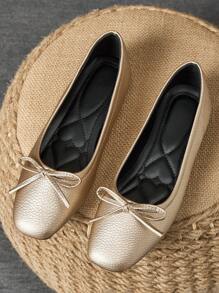 Damen Quadratische Zehenschuhe mit Schleifendekor, Farbe Gold, Lässig Alltagsschuhe und Outdoorschuhe für Frühling, Sommer, Herbst