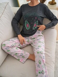 Siyah BASKILI UZUN KOL PIBJAMA TAKIMI - 水鴨藍 - 查看 2