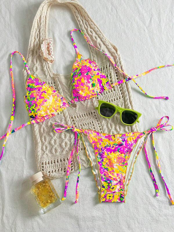 2 sztuki damskiego stroju plażowego 2025 Bikini Set, poliester z żywym nadrukiem, falbana, wiązanie typu halter, seksowny sportowy wygląd