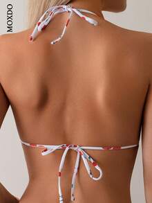 Women's Vacation Style Fresh Cherry Print Neck Strap Triangle Cup Fashion Casual Beach Bikini Swimsuit Set - 白色 - 查看 4