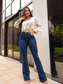 Women's Flare Jeans High Waist With Spandex Hot Pants Medium Wash - Màu xanh lam - Xem 6