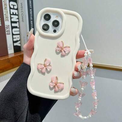 可爱糖果色大波浪带 3 件水晶蝴蝶和表带兼容手机壳兼容 Apple iPhone 16、16Pro、16Plus、16Promax、Infinix Smart 8/Infinix Hot 40i/Tecno Spark 20/Tecno Spark 20C/Tecno Spark Go 2024，轻巧便携