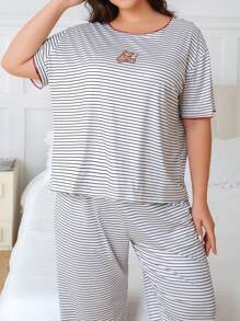 2pcs Women Plus Size Cute Bear & Striped Print Short Sleeve T-Shirt And 3/4 Pants Sleepwear Set, Comfortable Homewear For Spring, Summer, With Slight Stretch, 4 Seasons