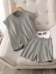 夏季两件套女士无袖套装时尚针织短款 T 恤运动服 - 卡其色 - 查看 1